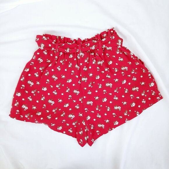 Hollister Floral High-Waisted Shorts S Red White Print Paper Bag Waist Relaxed - Picture 2 of 5